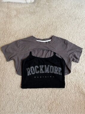 Y2K Layered 2-Piece Crop Top Grey Shrug & Black Cami Graphic Tee